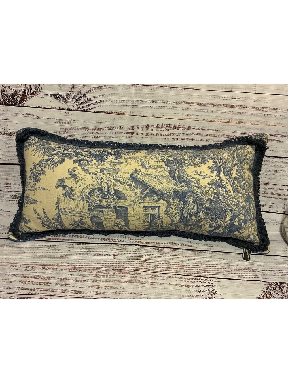 Newport Collection Toile de Jouy Fringed Lumbar Throw Pillow 12”x24” Vintage